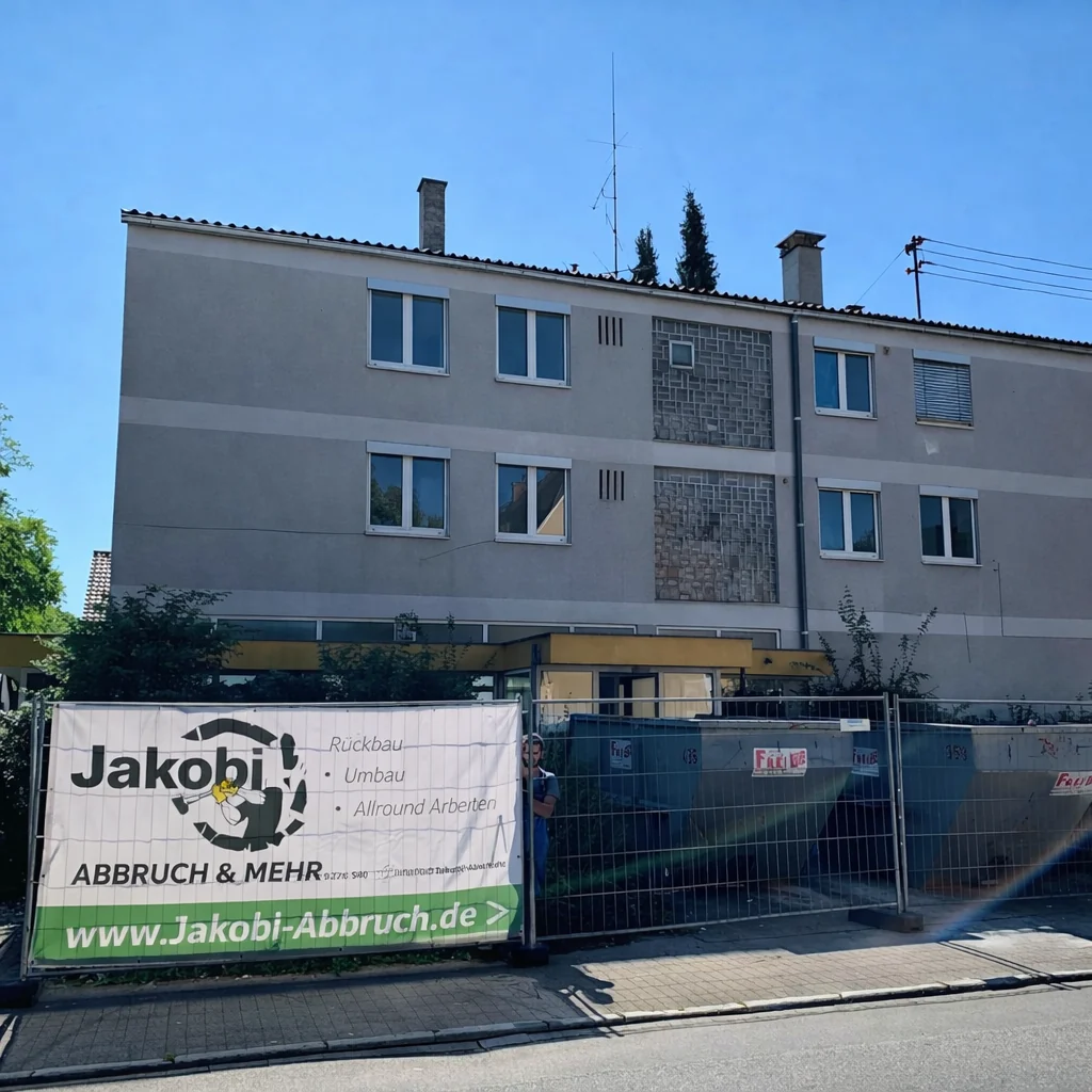 Mehrgeschossiges Gebäude mit JAKOBI-Werbebanner am Bauzaun und Baustellencontainer